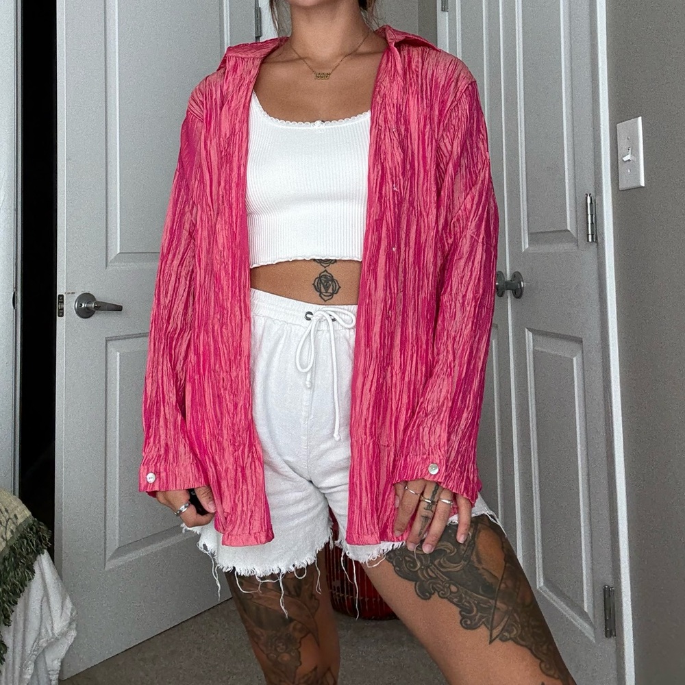 Vintage Crinkled Pink Button Down Shirt